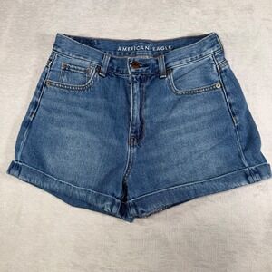 American Eagle Mom Shorts Womens 4 Blue Denim High Waisted Rolled Hem 5518778073
